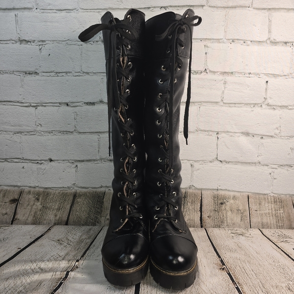 Black Lace-Up Knee-High Boots Soft Fur Lined Biker Goth Chunky Size Euro 38 Us 8 - Picture 6 of 15